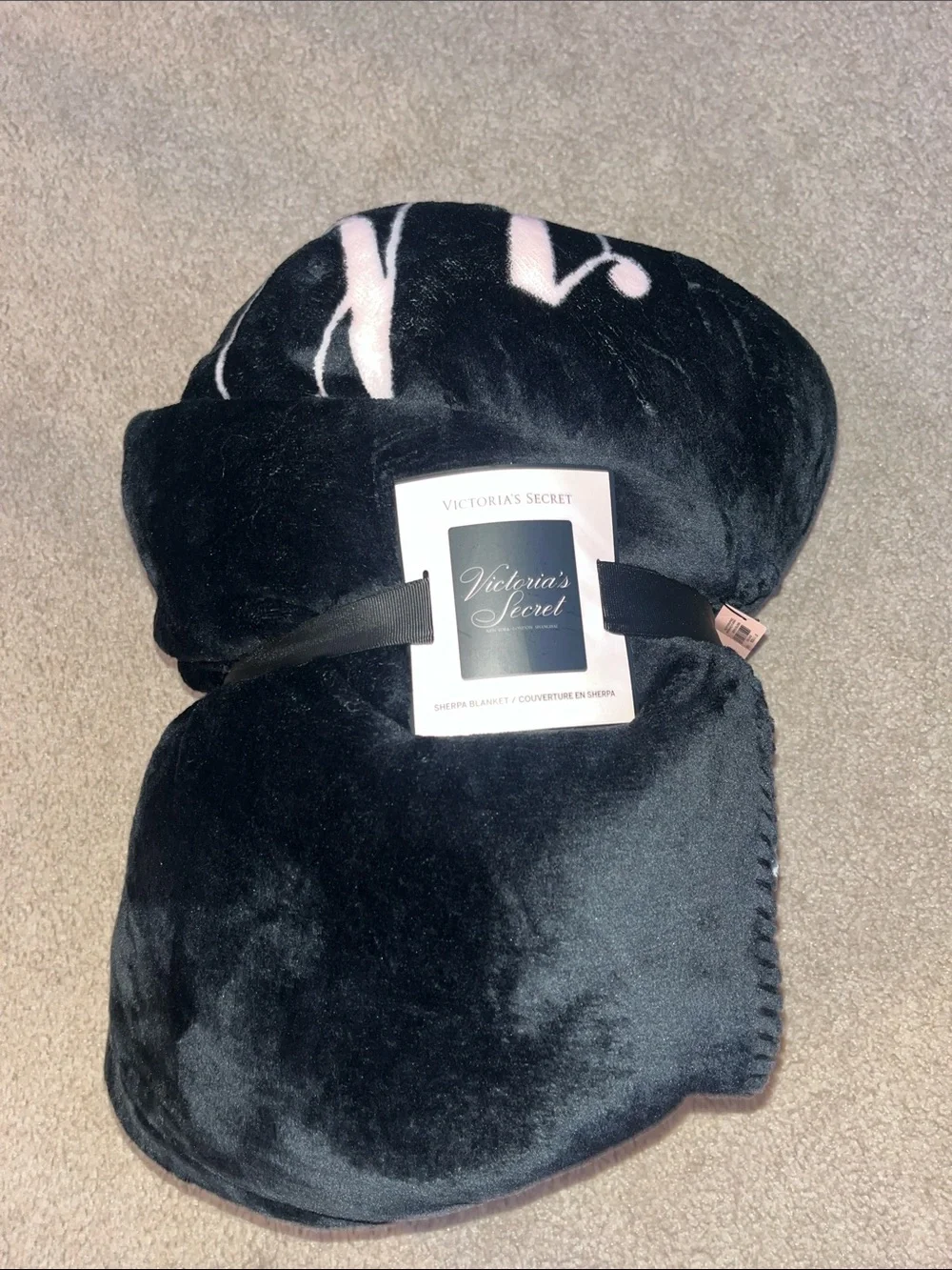 Victoria's Secret Black Plush Sherpa Throw with Pink Accents